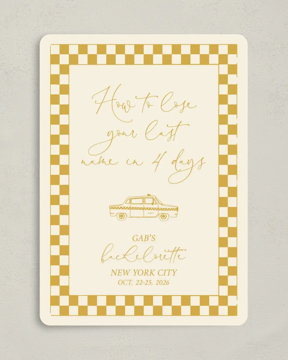 This is a 5" x 7" Bachelorette Party Invitation called How to Lose your Last Name in 10 Days printed in full color on Premium Smooth paper