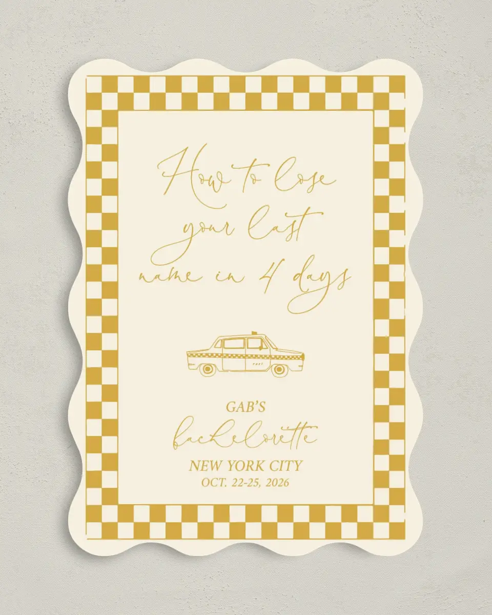 This is a 5" x 7" Bachelorette Party Invitation called How to Lose your Last Name in 10 Days printed in full color on Premium Smooth paper