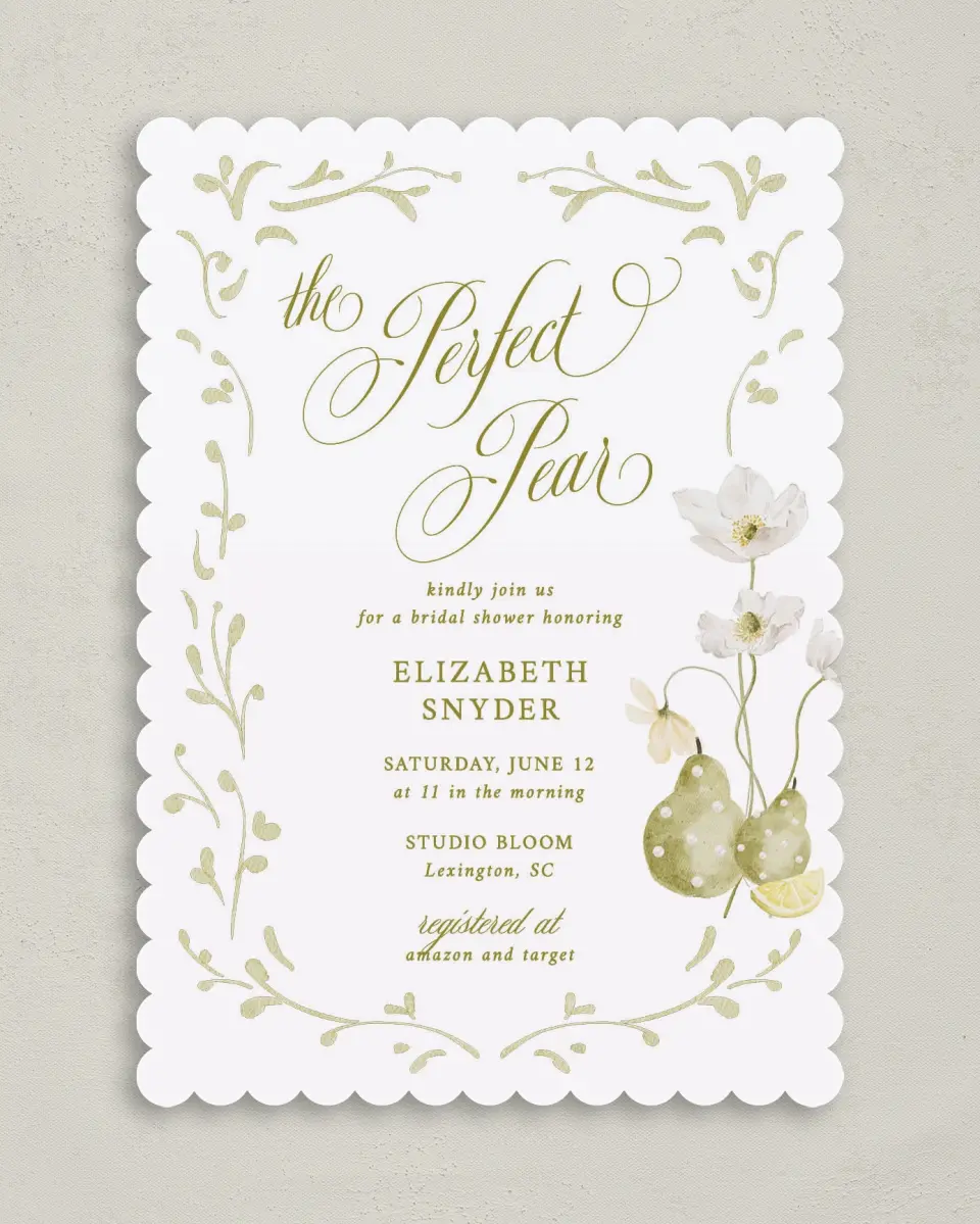 This is a 5" x 7" Bachelorette Party Invitation called Perfect Pear printed in full color with Rose Gold foil on Luxe Satin (coated) paper