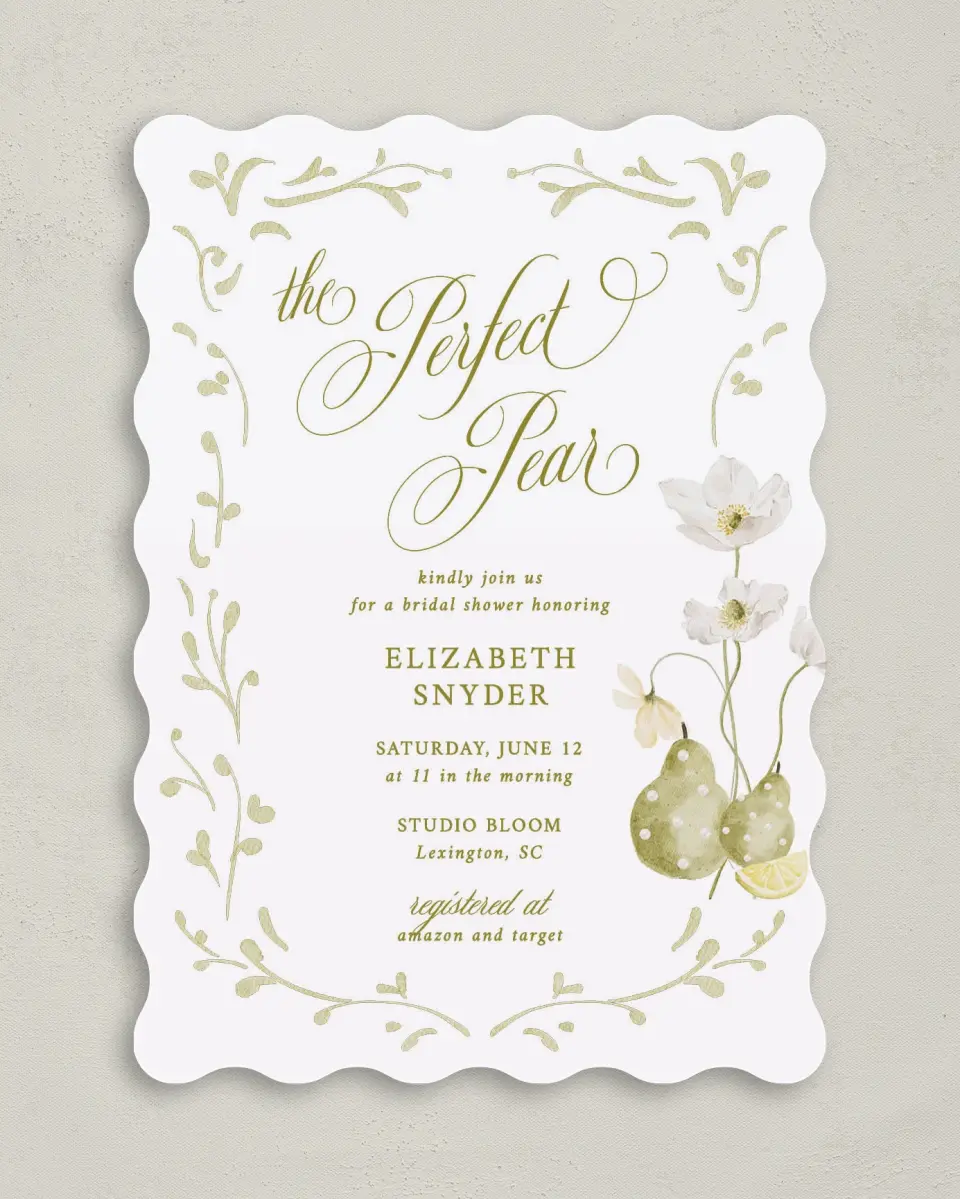 This is a 5" x 7" Bachelorette Party Invitation called Perfect Pear printed in full color on Premium Smooth paper