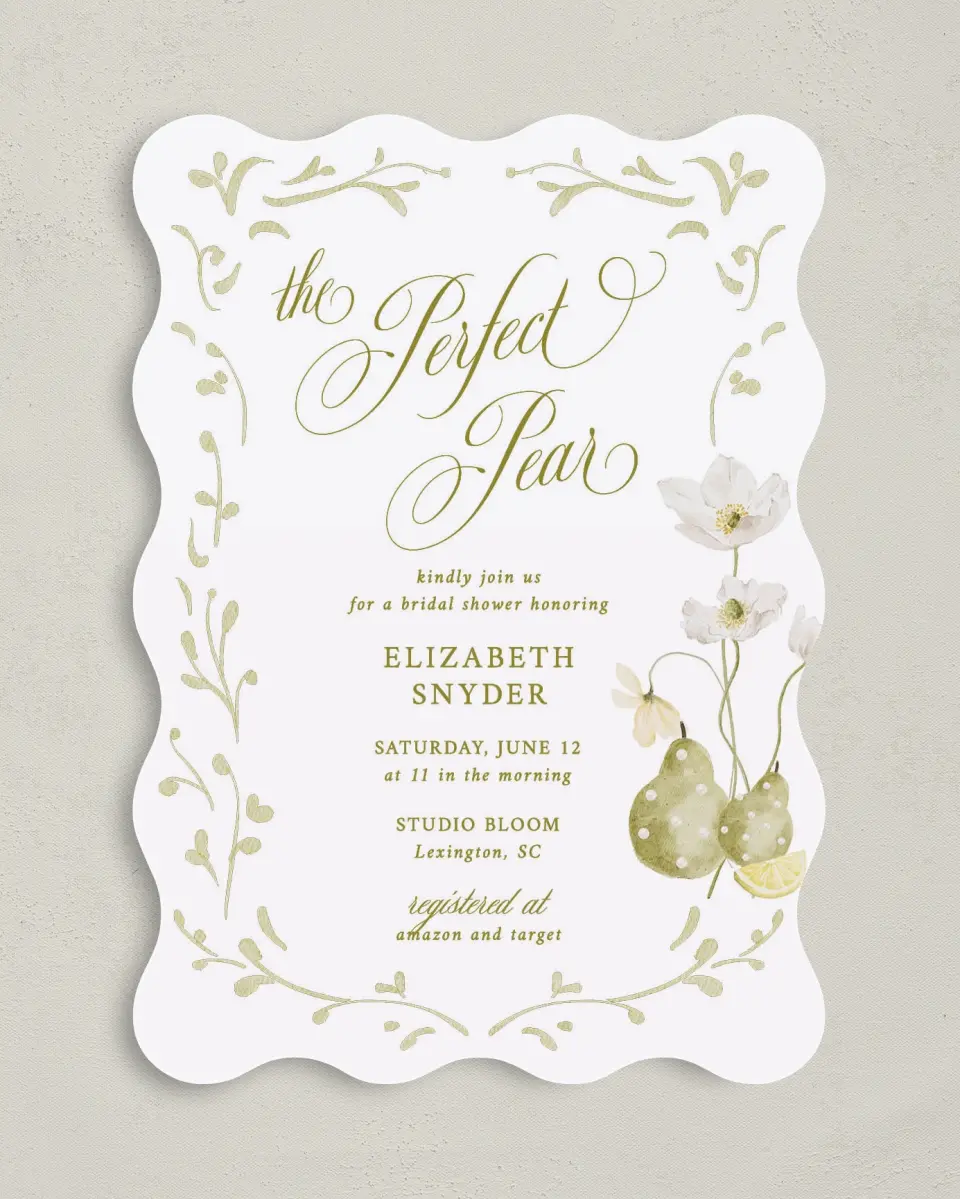 This is a 5" x 7" Bachelorette Party Invitation called Perfect Pear printed in full color on Premium Smooth paper