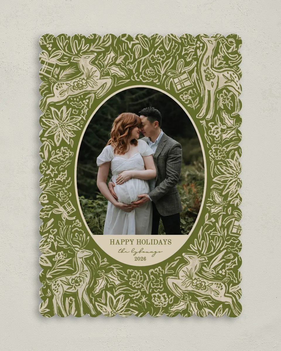 This is a 5" x 7" Christmas Card called Flora Forest printed in full color with Silver foil on Soft Suede (coated) paper