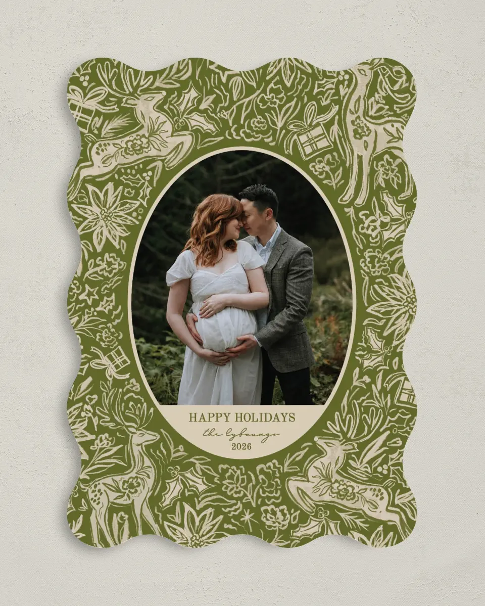 This is a 5" x 7" Christmas Card called Flora Forest printed in full color with Gold foil on Soft Suede (coated) paper