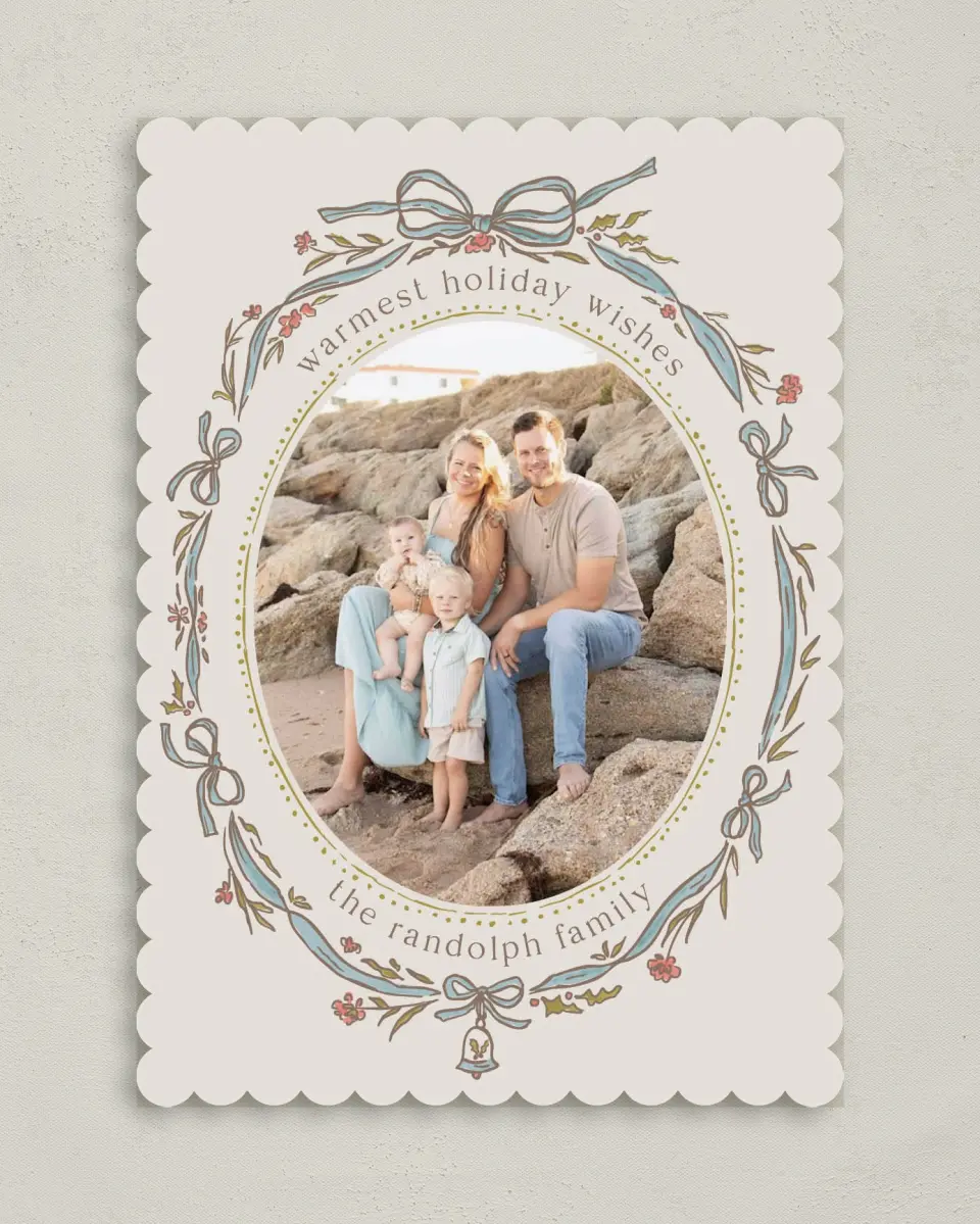 This is a 5" x 7" Christmas Card called Charming Wreath printed in full color on Premium Smooth paper on Premium Smooth paper on Premium Smooth paper