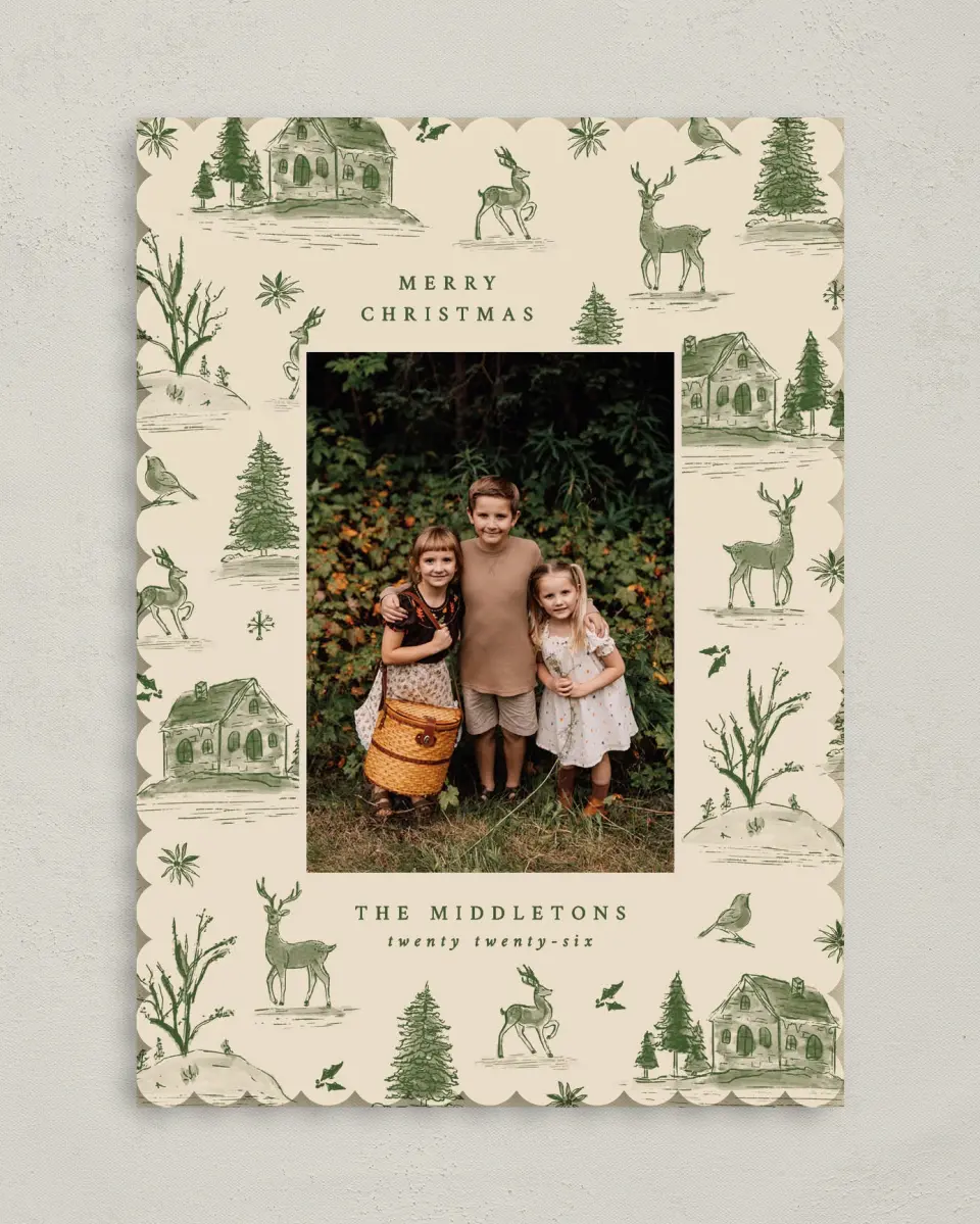 This is a 5" x 7" Christmas Card called Countryside Toile printed in full color on Premium Smooth paper on Premium Smooth paper on Premium Smooth paper