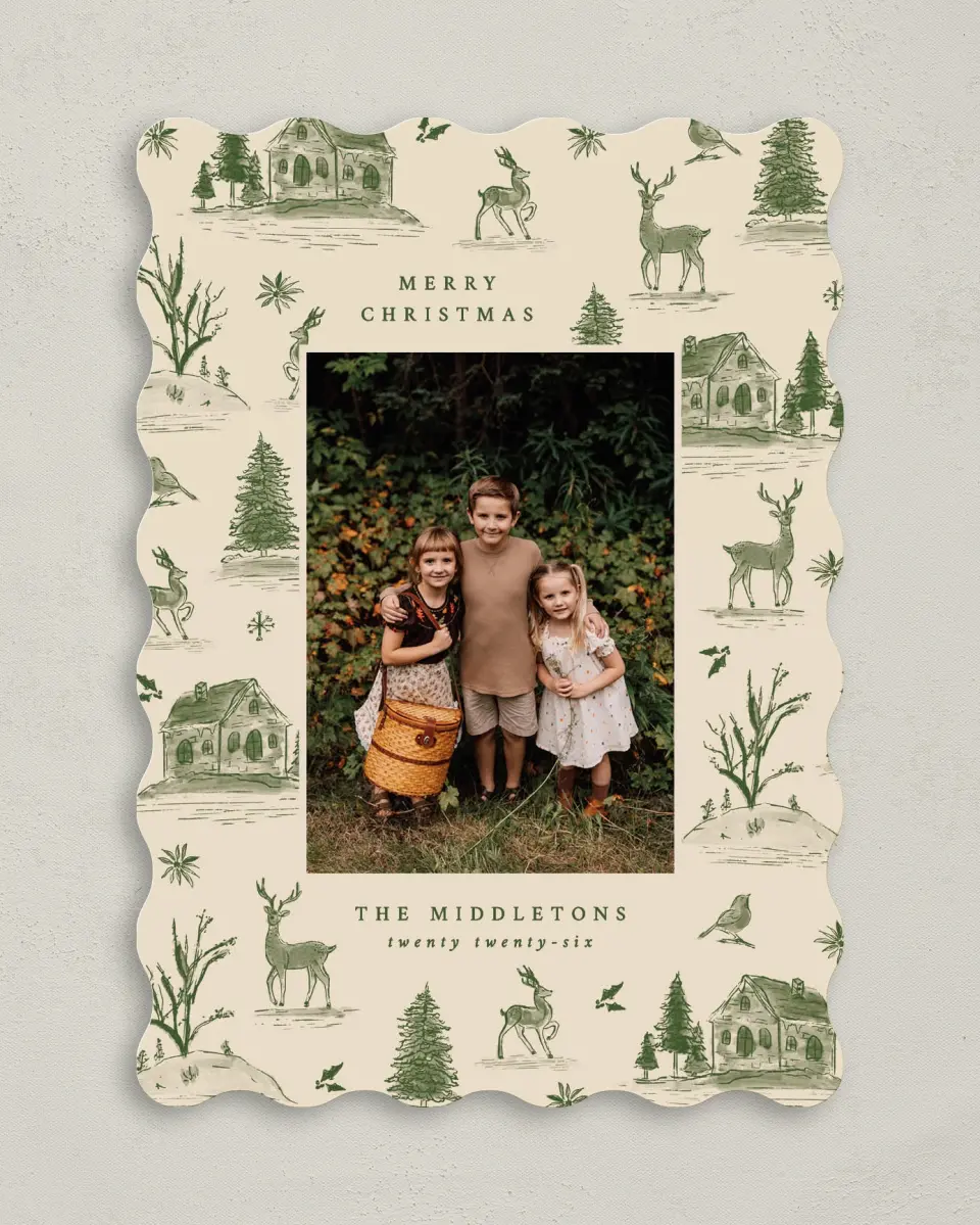 This is a 5" x 7" Christmas Card called Countryside Toile printed in full color on Premium Smooth paper