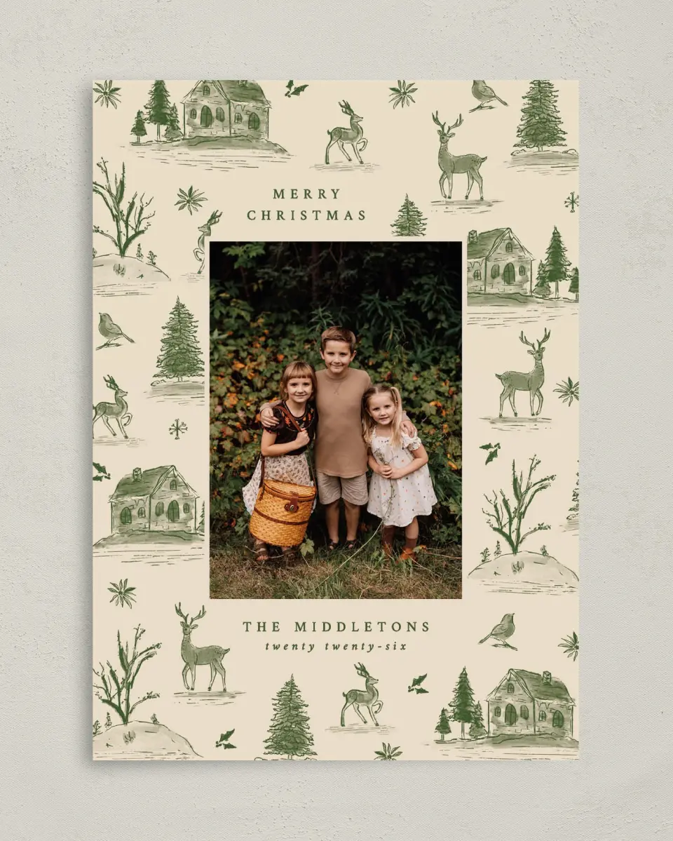 This is a 5" x 7" Christmas Card called Countryside Toile printed in full color on Premium Smooth paper