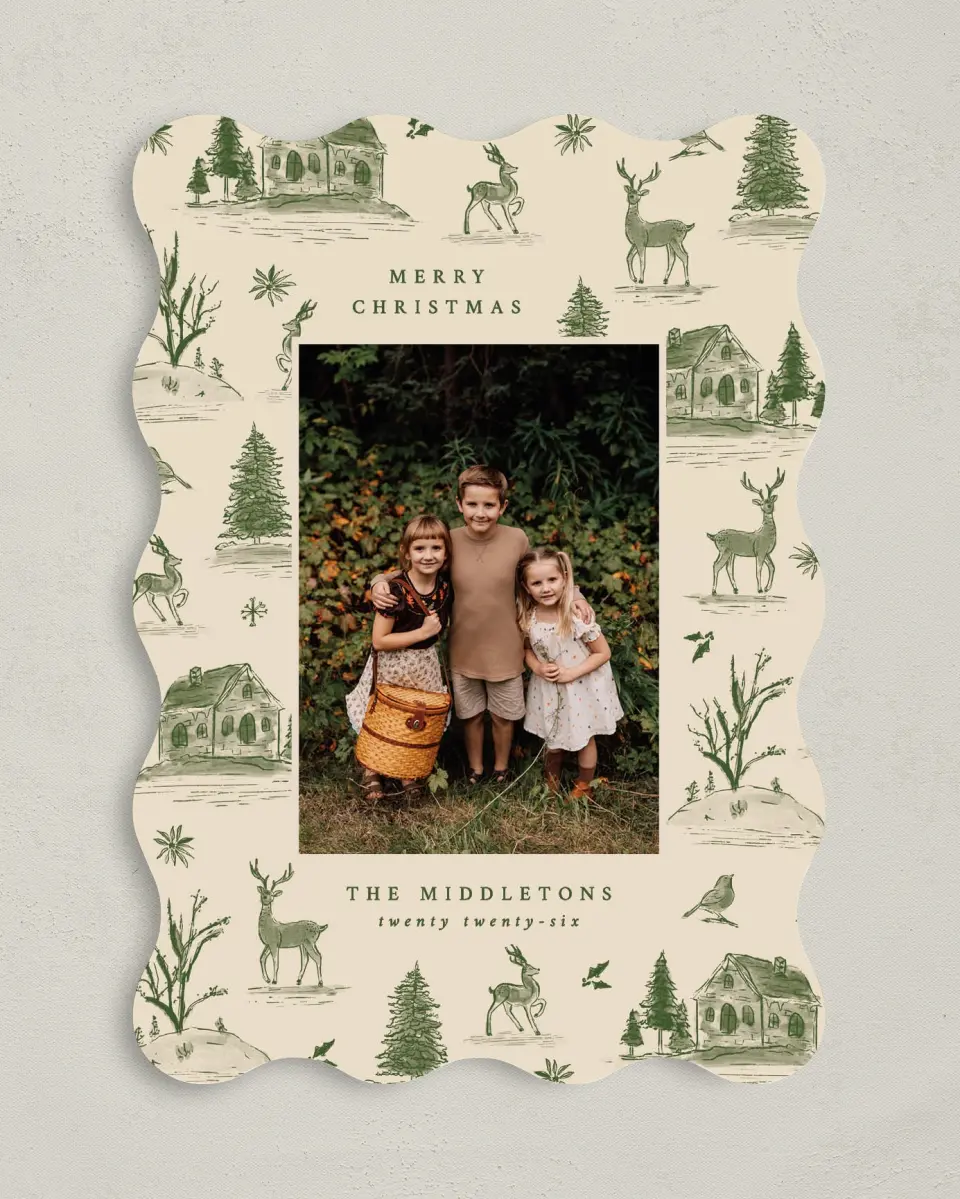This is a 5" x 7" Christmas Card called Countryside Toile printed in full color on Premium Smooth paper
