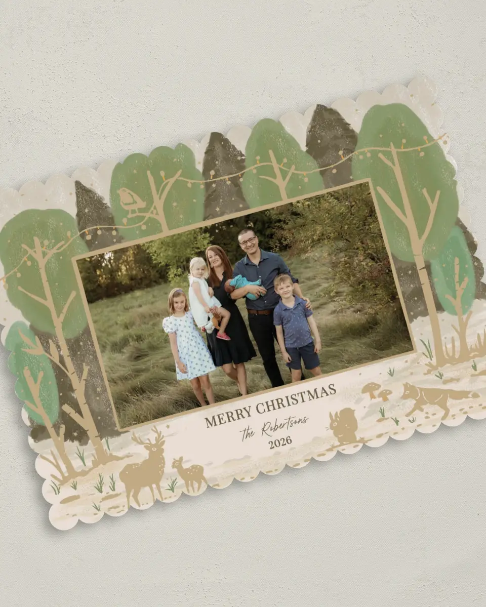 This is a 5" x 7" Christmas Card called Rustic Woodland printed in full color on Premium Smooth paper on Premium Smooth paper on Premium Smooth paper