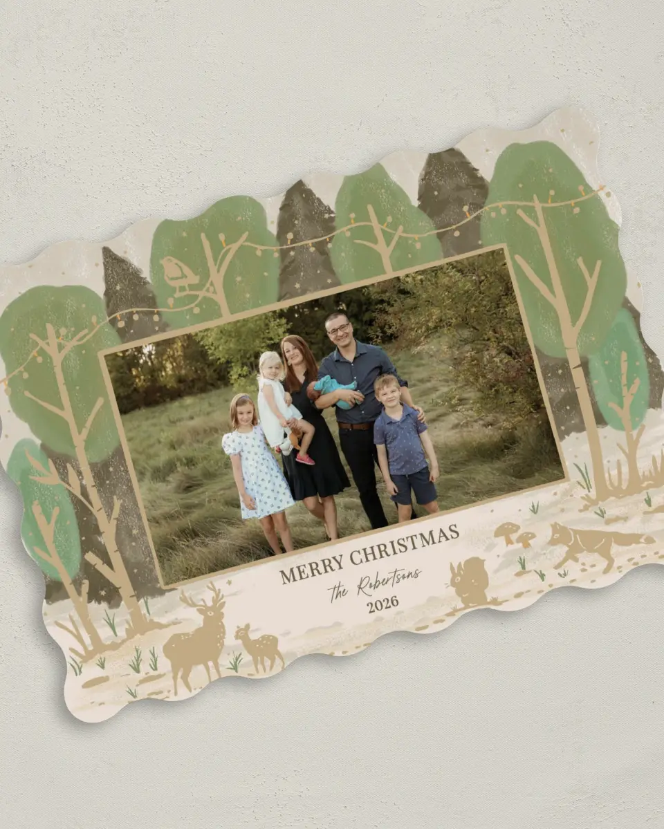 This is a 5" x 7" Christmas Card called Rustic Woodland printed in full color on Premium Smooth paper