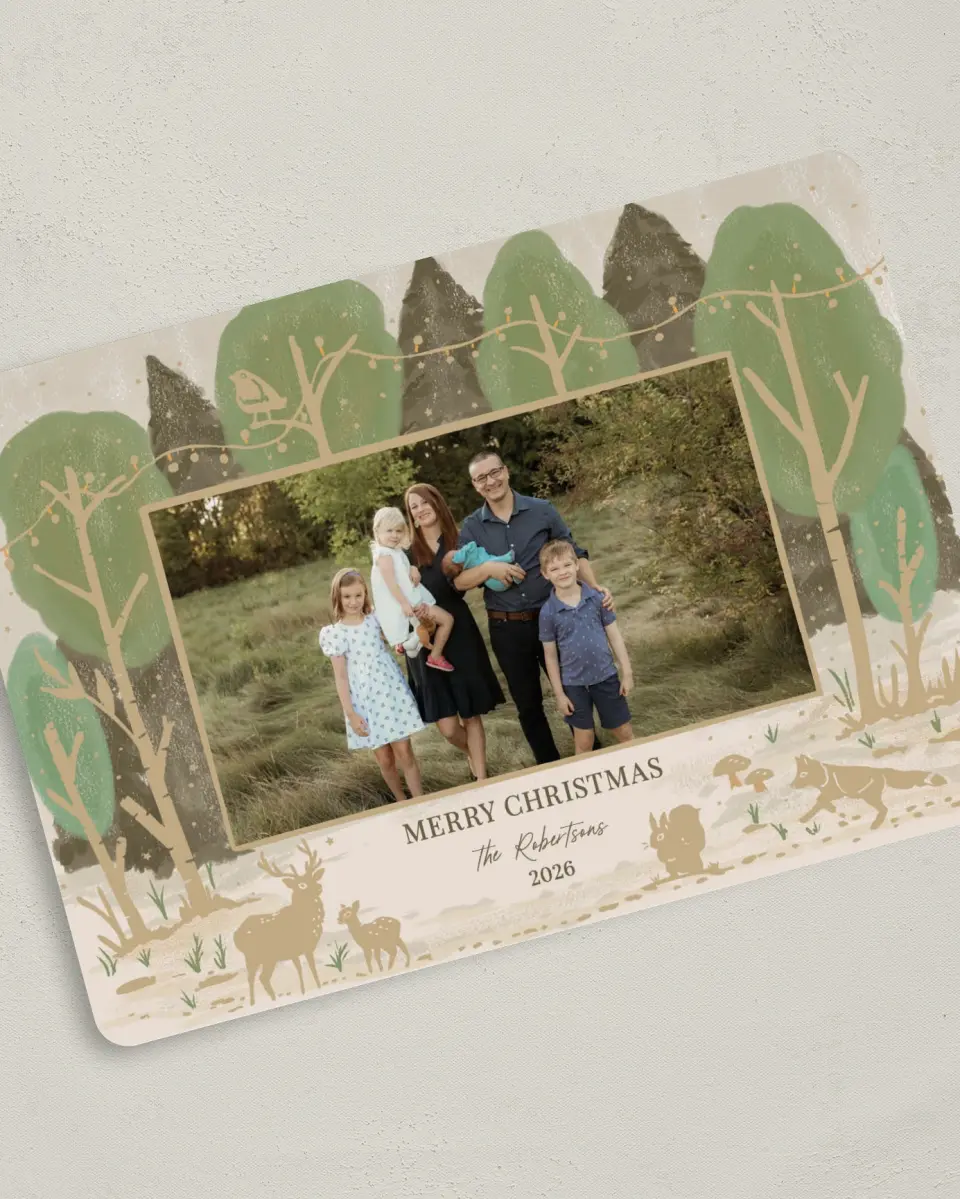 This is a 5" x 7" Christmas Card called Rustic Woodland printed in full color on Premium Smooth paper