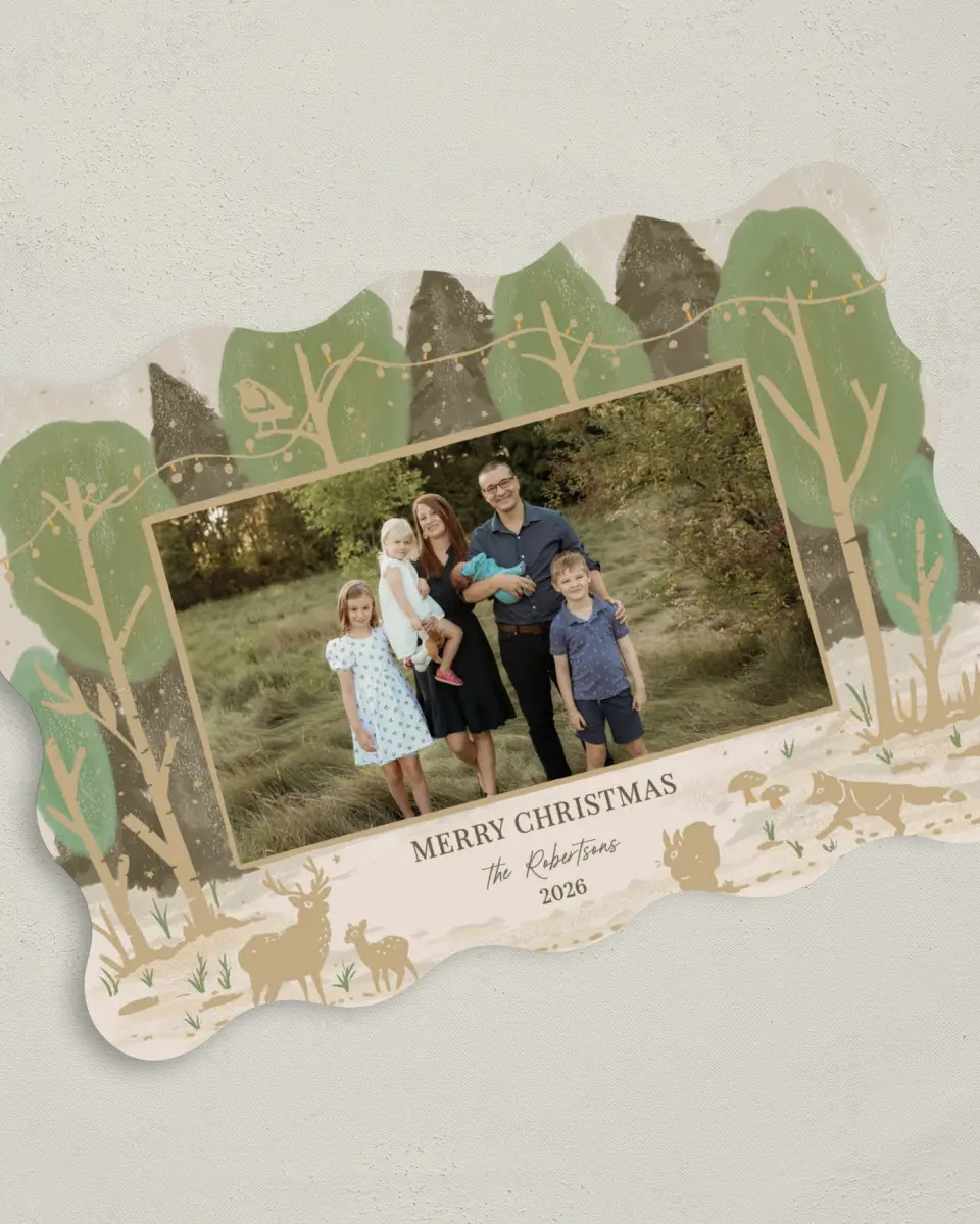This is a 5" x 7" Christmas Card called Rustic Woodland printed in full color with Gold foil on Soft Suede (coated) paper