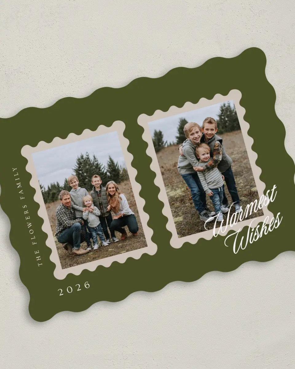 This is a 5" x 7" Christmas Card called Holiday Stamps printed in full color on Premium Smooth paper