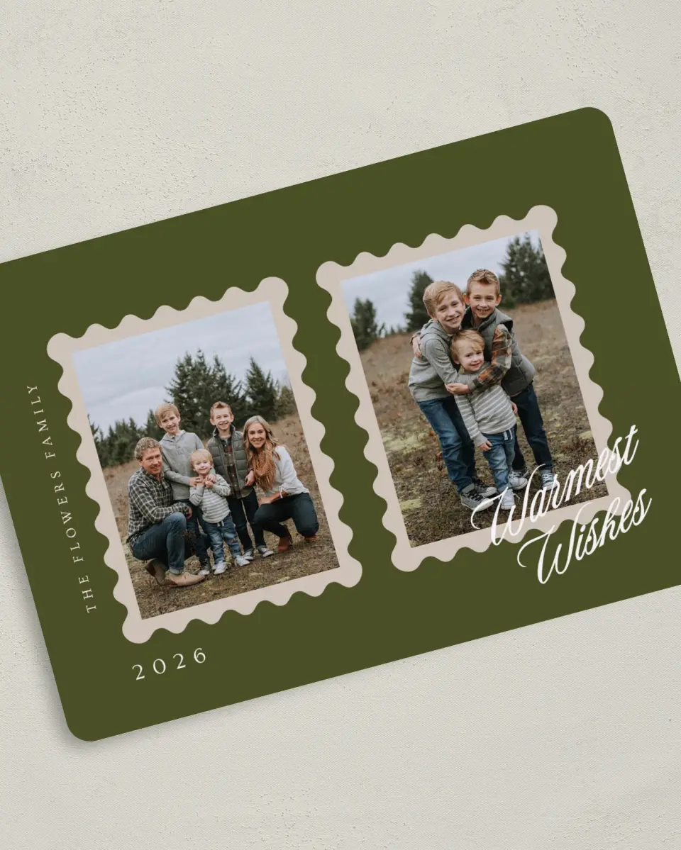 This is a 5" x 7" Christmas Card called Holiday Stamps printed in full color on Premium Smooth paper