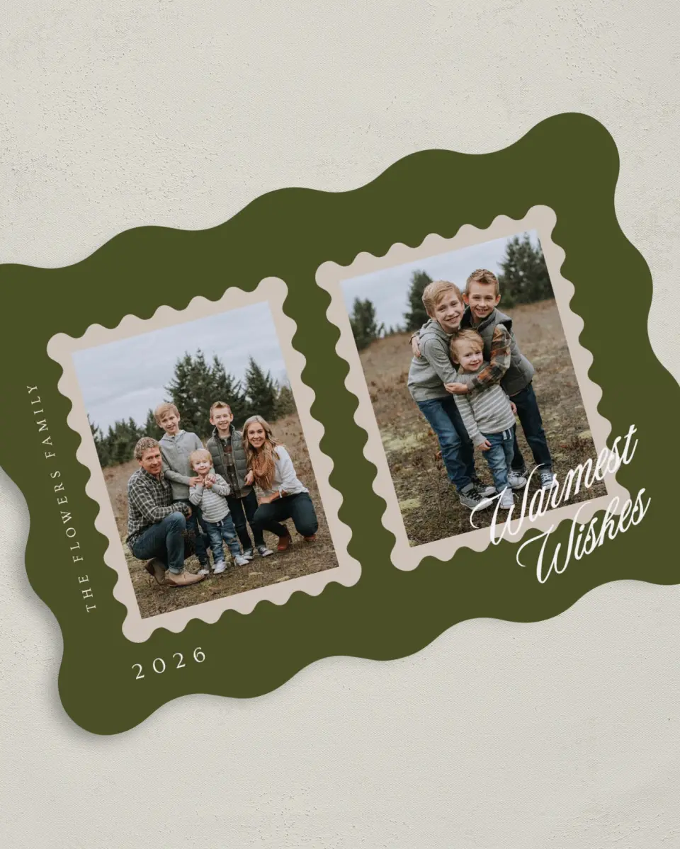 This is a 5" x 7" Christmas Card called Holiday Stamps printed in full color with Gold foil on Soft Suede (coated) paper