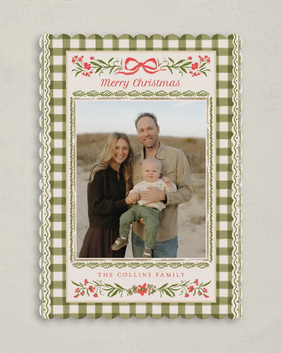This is a 5" x 7" Christmas Card called Darling Gingham printed in full color with Silver foil on Soft Suede (coated) paper