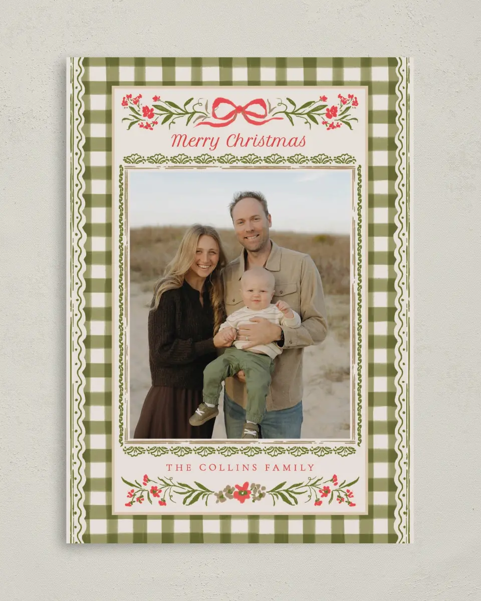 This is a 5" x 7" Christmas Card called Darling Gingham printed in full color on Premium Smooth paper