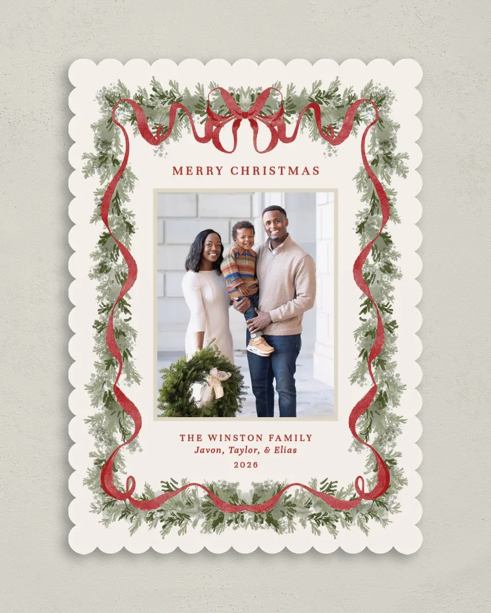 This is a 5" x 7" Christmas Card called Classy Garland printed in full color with Rose Gold foil on Soft Suede (coated) paper