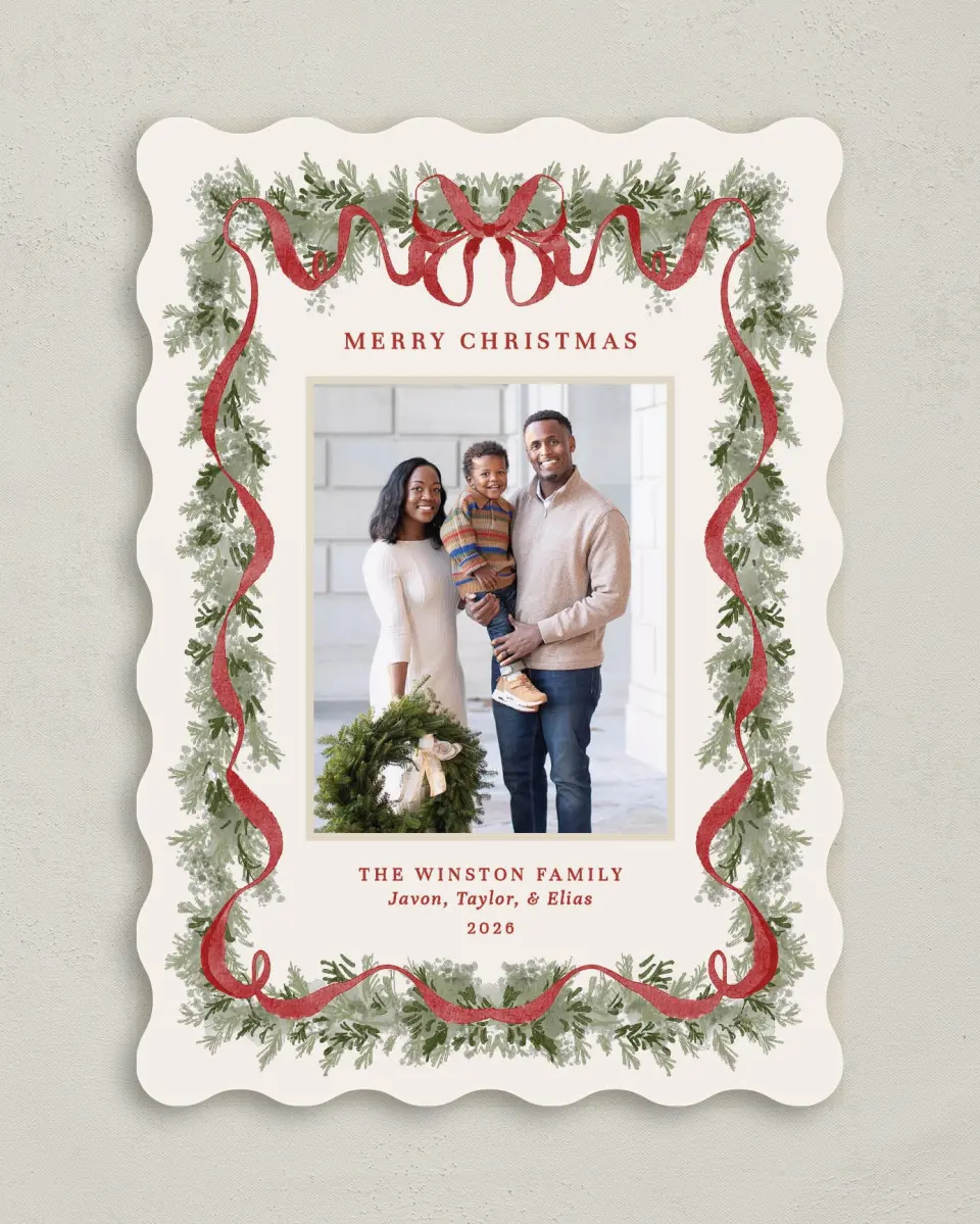 This is a 5" x 7" Christmas Card called Classy Garland printed in full color on Premium Smooth paper