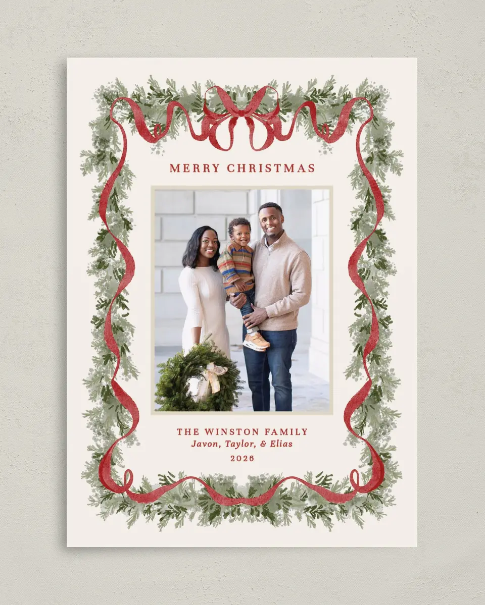This is a 5" x 7" Christmas Card called Classy Garland printed in full color on Premium Smooth paper