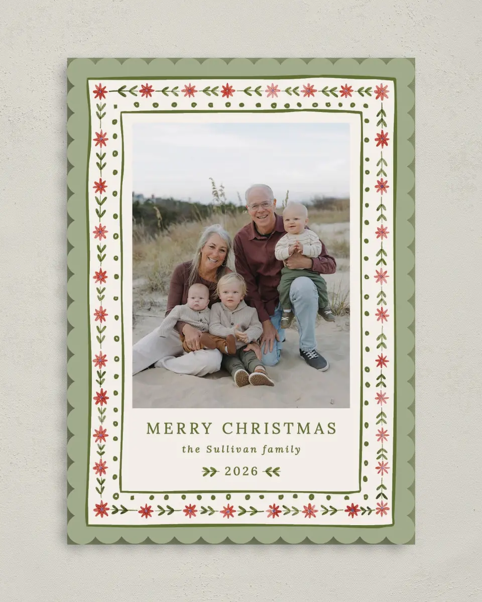 This is a 5" x 7" Christmas Card called Folksy Floral printed in full color on Premium Smooth paper on Premium Smooth paper on Premium Smooth paper