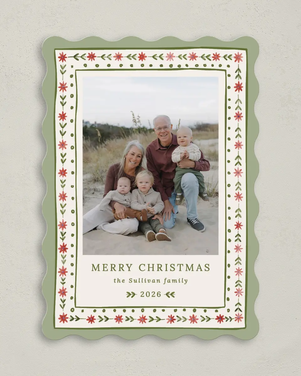 This is a 5" x 7" Christmas Card called Folksy Floral printed in full color on Premium Smooth paper