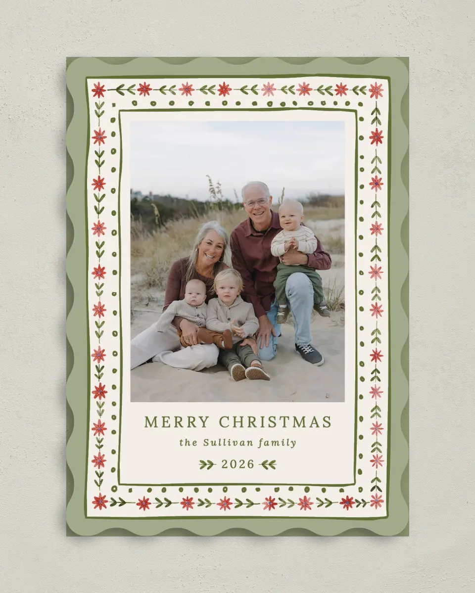 This is a 5" x 7" Christmas Card called Folksy Floral printed in full color on Premium Smooth paper