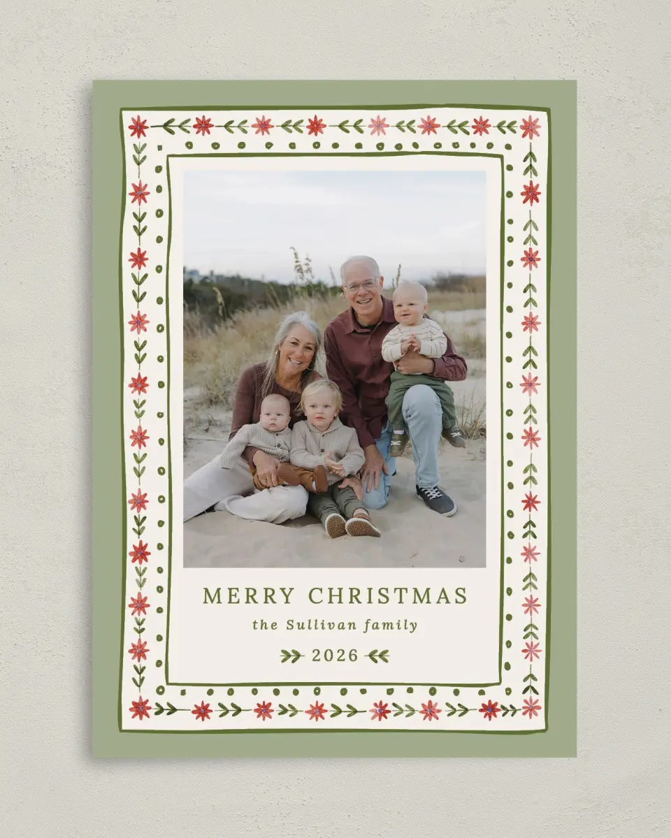 This is a 5" x 7" Christmas Card called Folksy Floral printed in full color on Premium Smooth paper