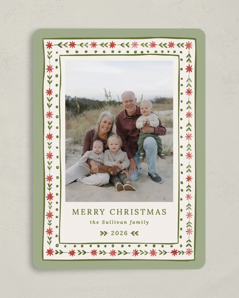 This is a 5" x 7" Christmas Card called Folksy Floral printed in full color on Premium Smooth paper