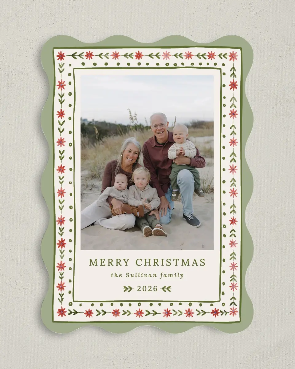 This is a 5" x 7" Christmas Card called Folksy Floral printed in full color on Premium Smooth paper