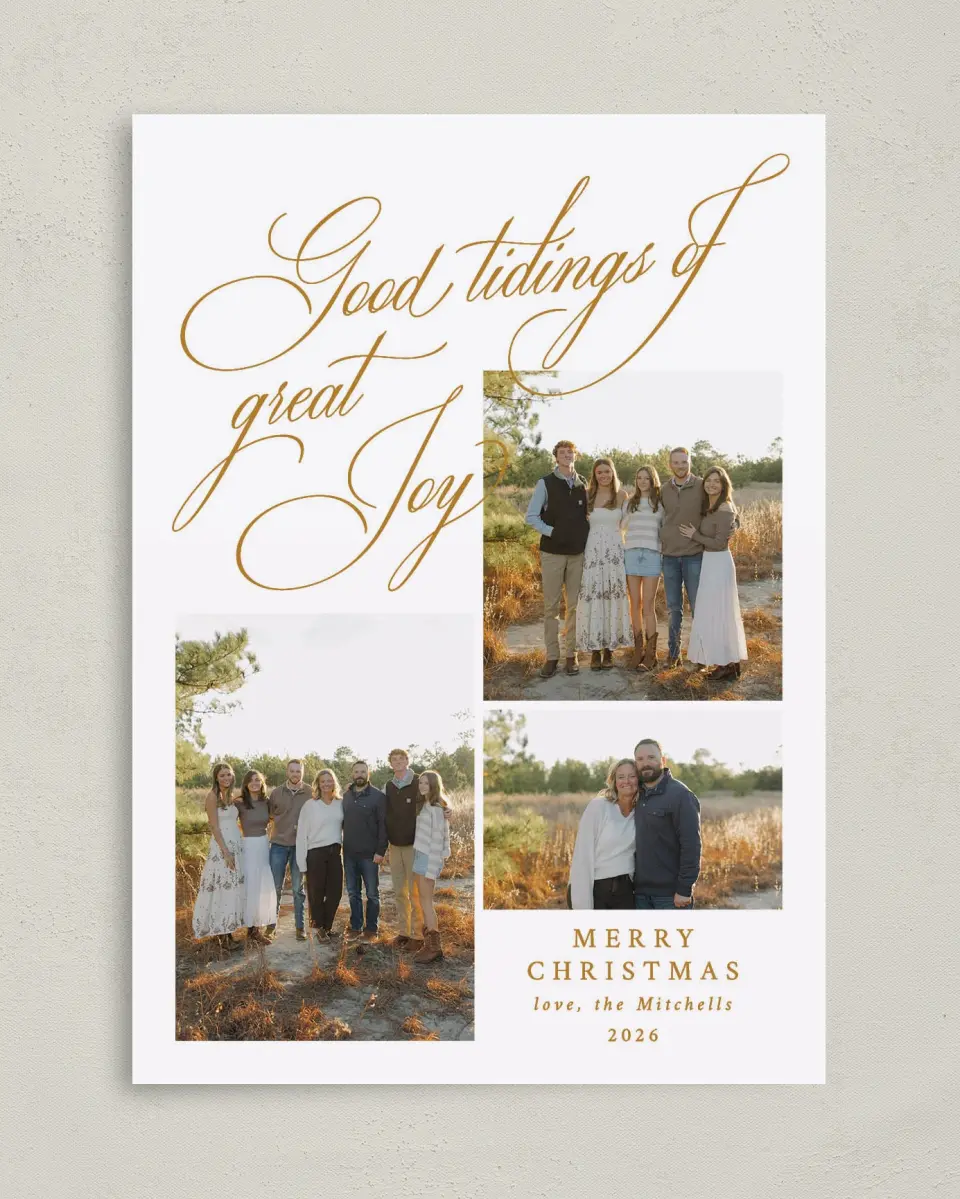 This is a 5" x 7" Christmas Card called Tidings of Joy printed in full color on Premium Smooth paper