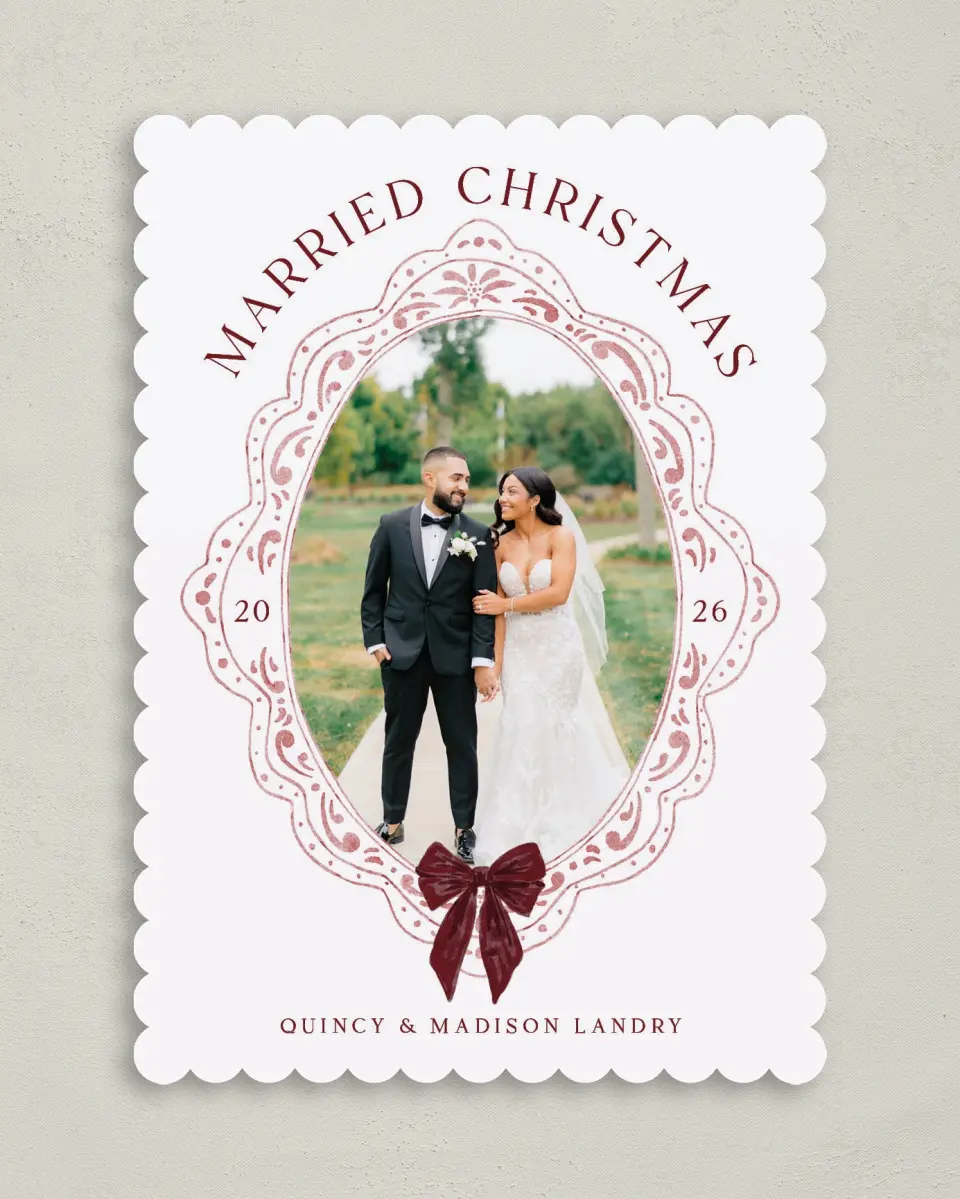 This is a 5" x 7" Christmas Card called Folk Filigree printed in full color with Rose Gold foil on Soft Suede (coated) paper