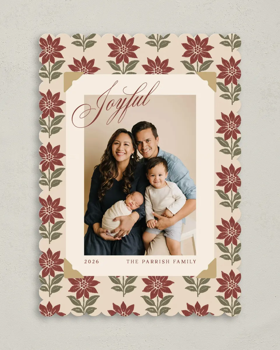 This is a 5" x 7" Christmas Card called Paper Petals printed in full color with Rose Gold foil on Soft Suede (coated) paper
