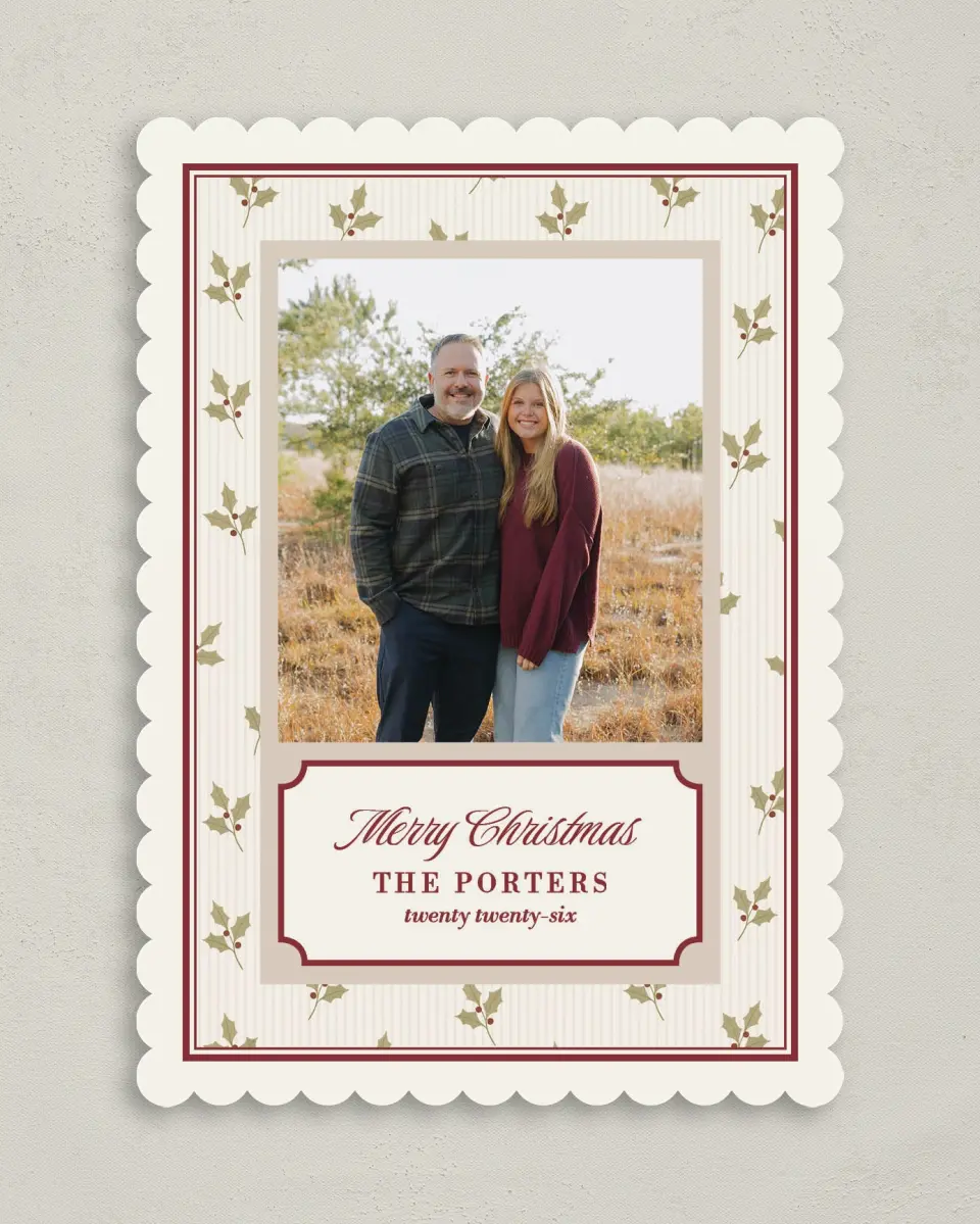 This is a 5" x 7" Christmas Card called Holly Stripe printed in full color with Rose Gold foil on Soft Suede (coated) paper