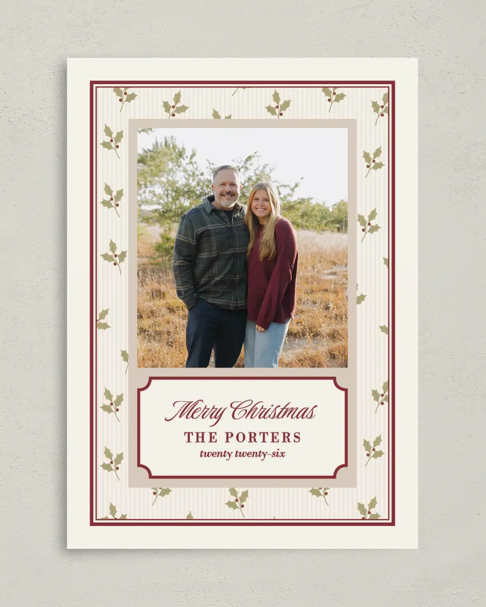 This is a 5" x 7" Christmas Card called Holly Stripe printed in full color on Premium Smooth paper