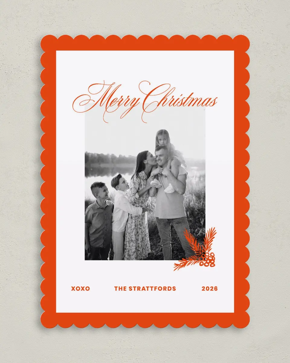This is a 5" x 7" Christmas Card called Modern Cheer printed in full color with Gold foil on Soft Suede (coated) paper