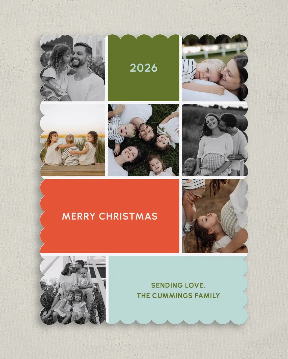 This is a 5" x 7" Christmas Card called Festive Color Block printed in full color with Silver foil on Soft Suede (coated) paper