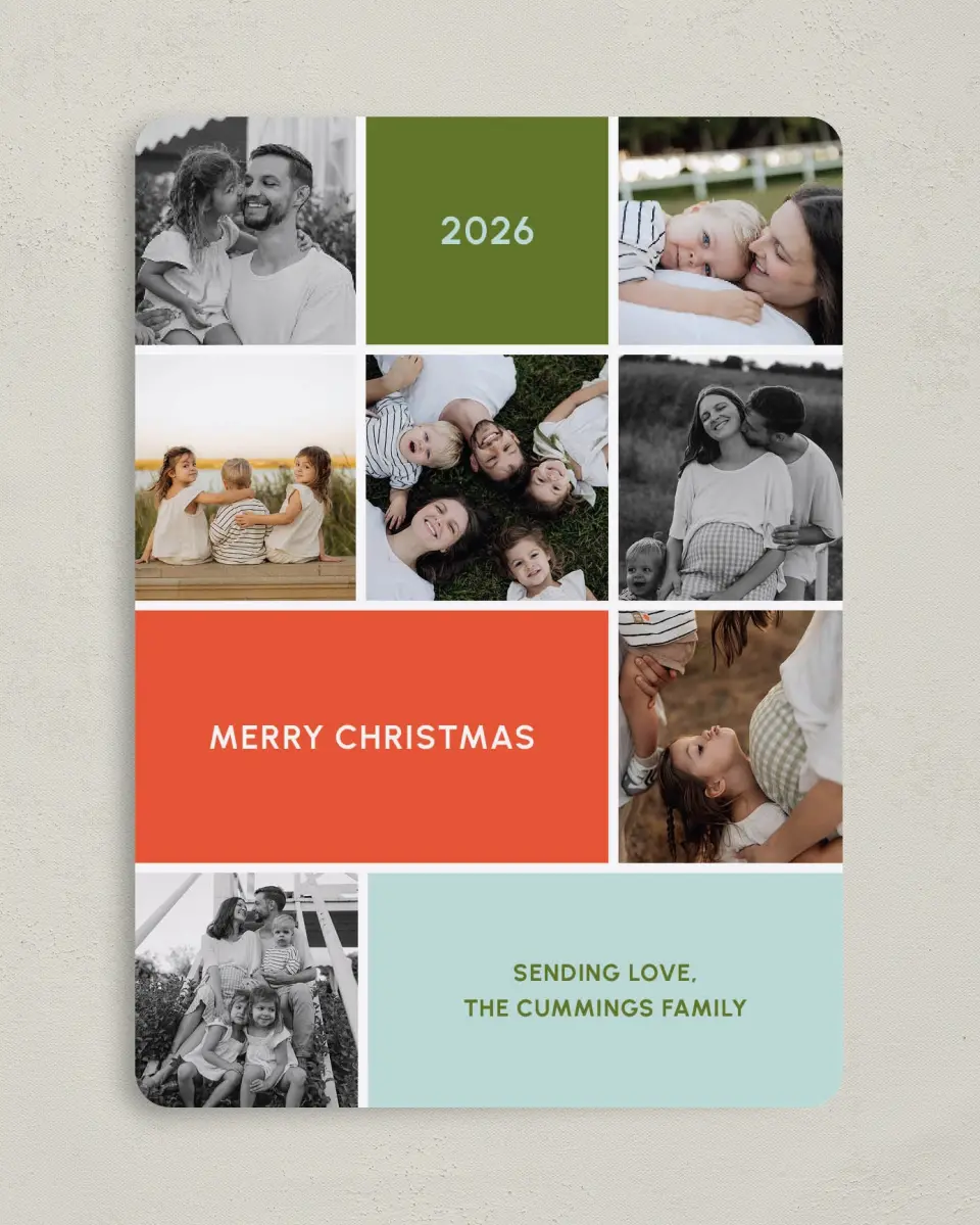 This is a 5" x 7" Christmas Card called Festive Color Block printed in full color with Silver foil on Soft Suede (coated) paper