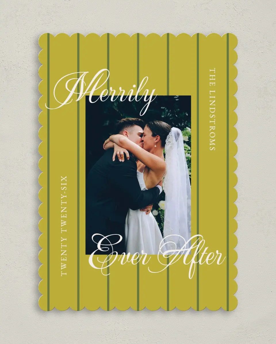 This is a 5" x 7" Christmas Card called Holiday Ever After printed in full color with Silver foil on Soft Suede (coated) paper