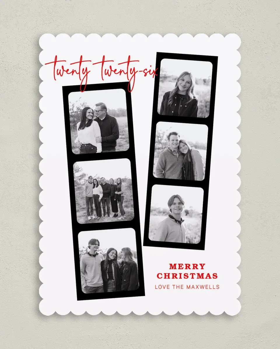 This is a 5" x 7" Christmas Card called Photographed Joy printed in full color with Gold foil on Soft Suede (coated) paper