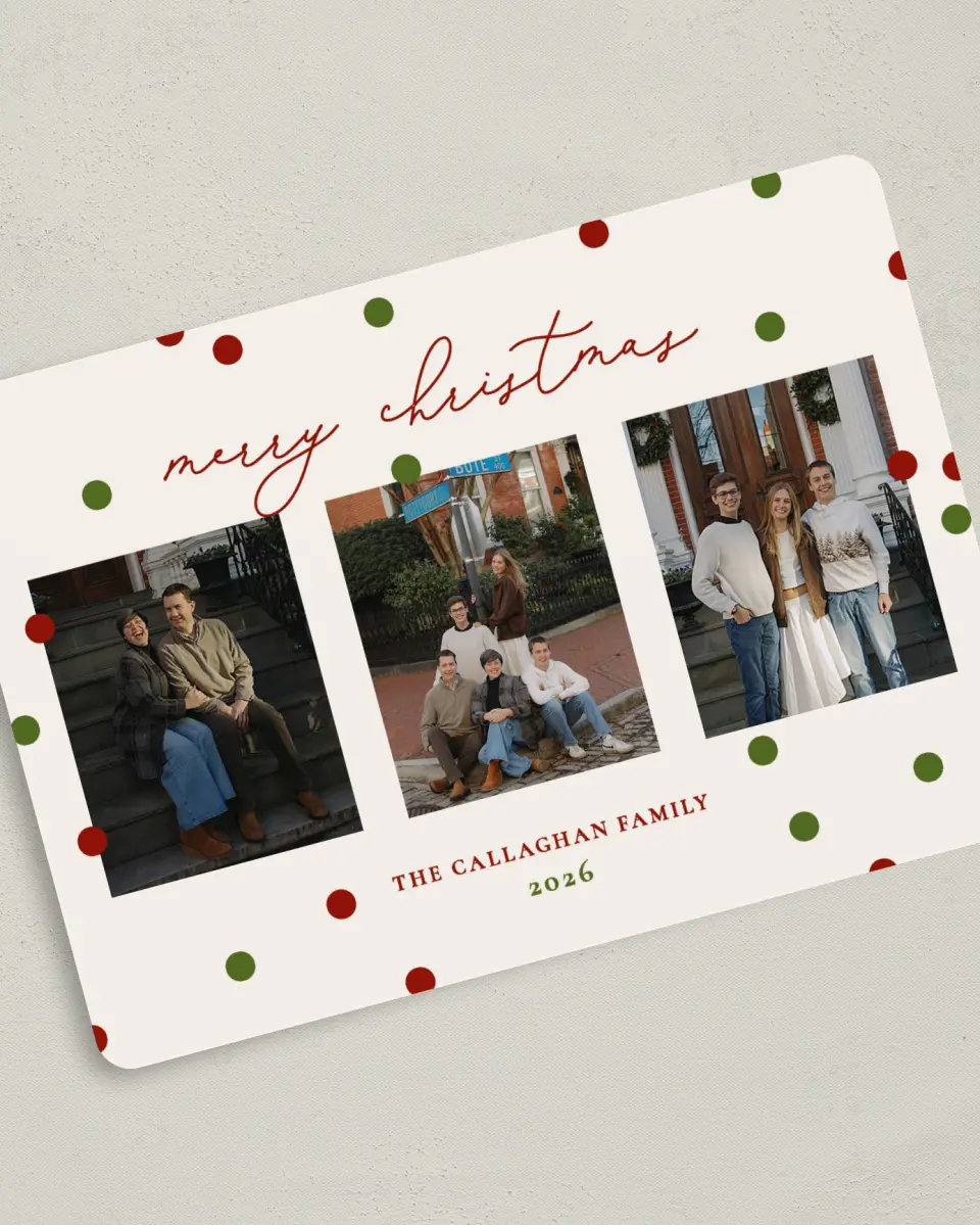 This is a 5" x 7" Christmas Card called Dotting Around the Tree printed in full color with Rose Gold foil on Soft Suede (coated) paper