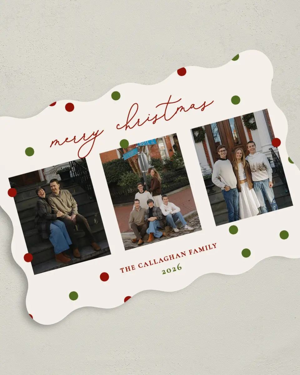 This is a 5" x 7" Christmas Card called Dotting Around the Tree printed in full color on Premium Smooth paper