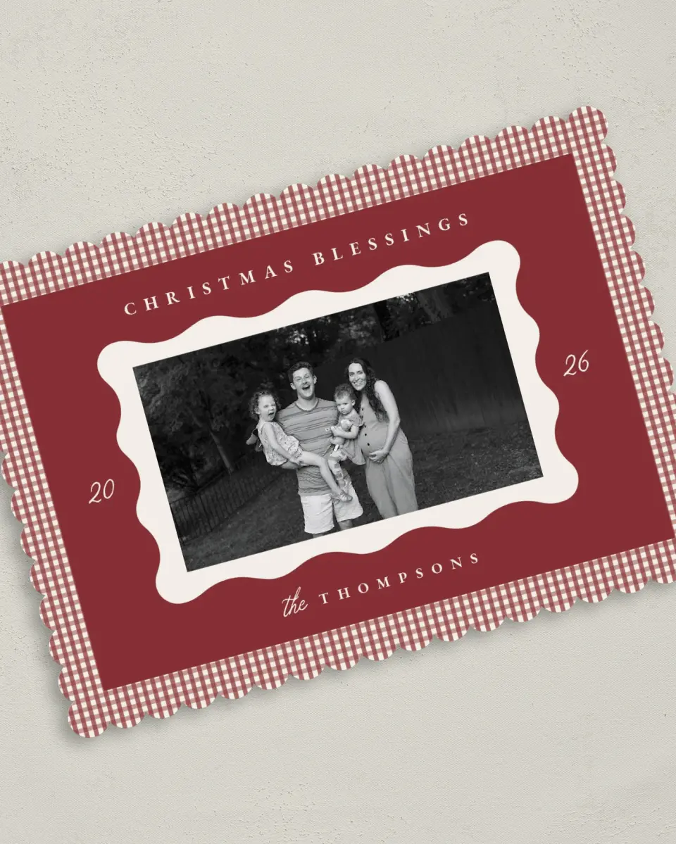 This is a 5" x 7" Christmas Card called Gingham Greetings printed in full color on Premium Smooth paper on Premium Smooth paper on Premium Smooth paper