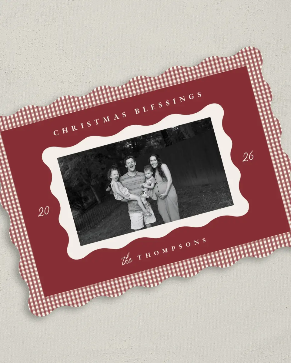 This is a 5" x 7" Christmas Card called Gingham Greetings printed in full color on Premium Smooth paper