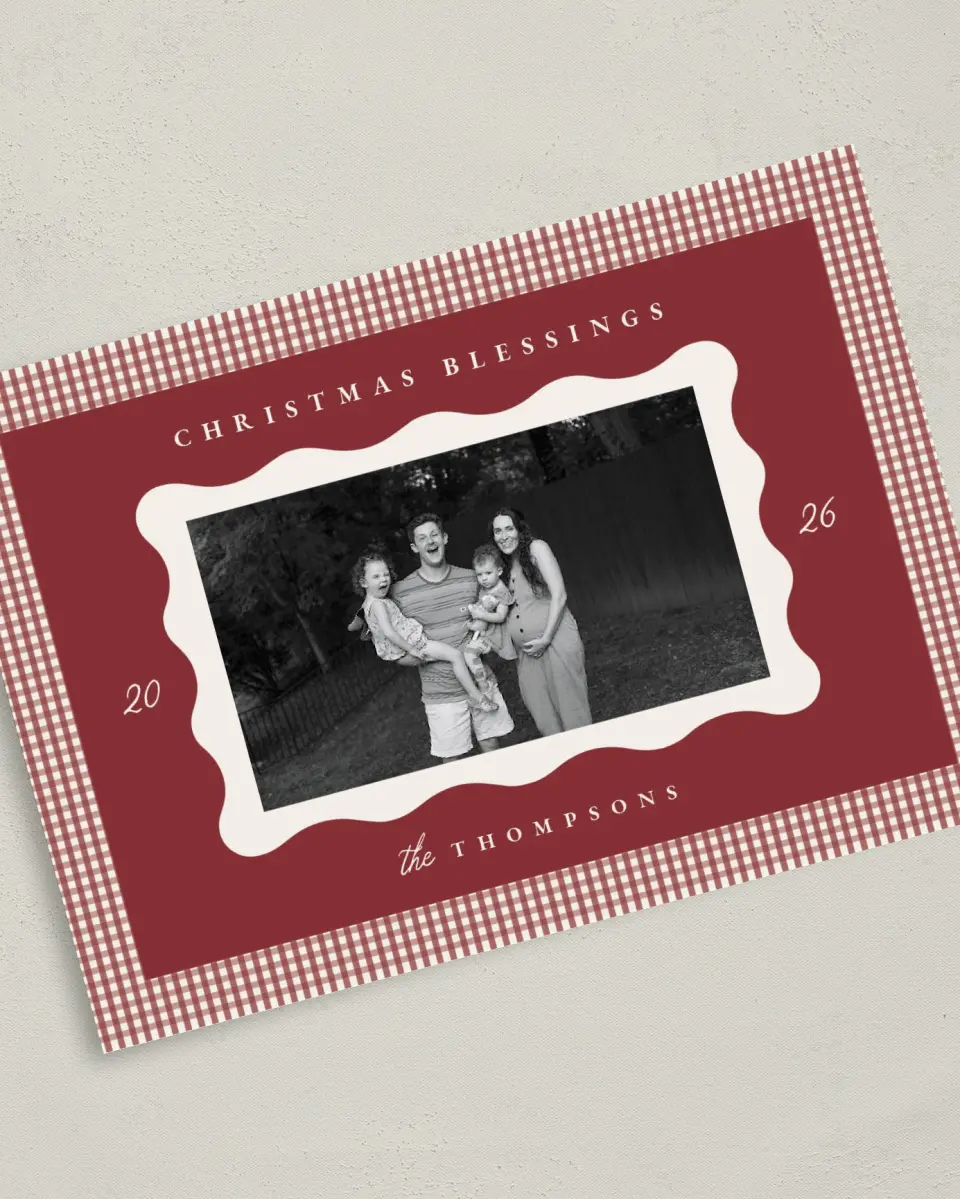 This is a 5" x 7" Christmas Card called Gingham Greetings printed in full color on Premium Smooth paper
