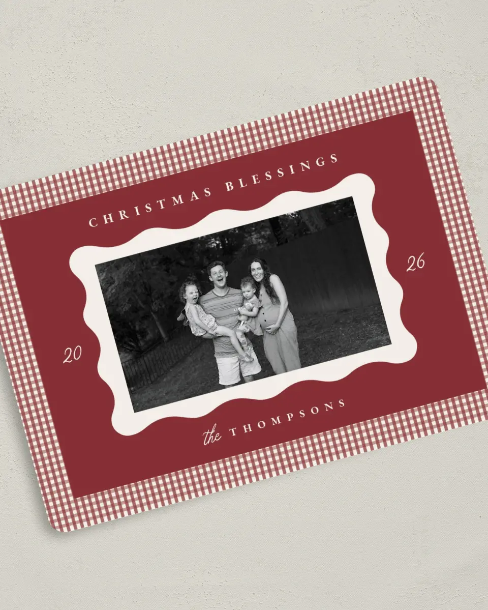 This is a 5" x 7" Christmas Card called Gingham Greetings printed in full color on Premium Smooth paper
