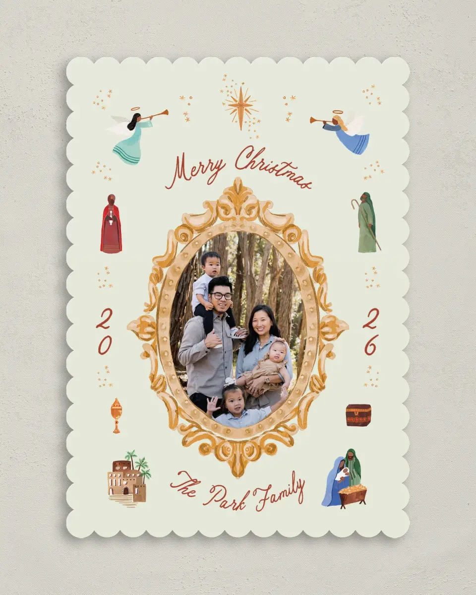 This is a 5" x 7" Christmas Card called Gloria All Around printed in full color with Rose Gold foil on Soft Suede (coated) paper