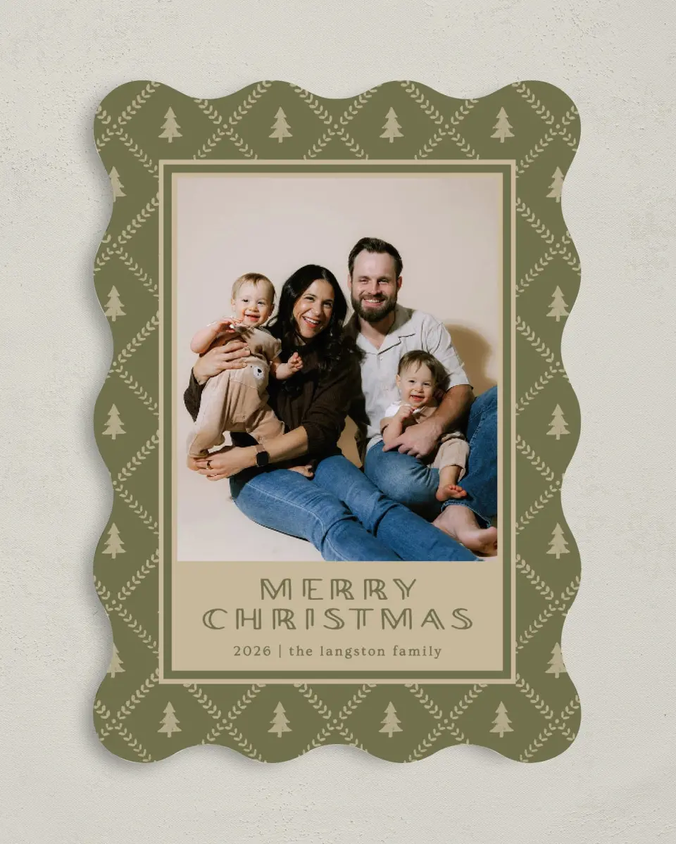 This is a 5" x 7" Christmas Card called Trees on Trees printed in full color with Gold foil on Soft Suede (coated) paper