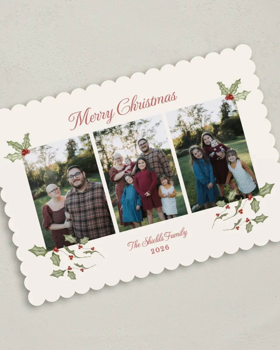 This is a 5" x 7" Christmas Card called The Holly & the Ivy printed in full color on Premium Smooth paper on Premium Smooth paper on Premium Smooth paper