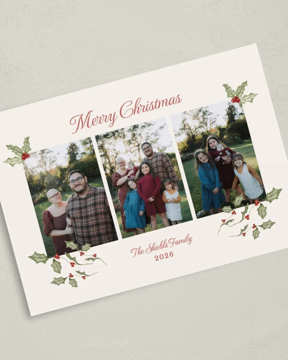 This is a 5" x 7" Christmas Card called The Holly & the Ivy printed in full color with Gold foil on Soft Suede (coated) paper